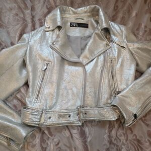 Zara Metallic Silver Leather Jacket